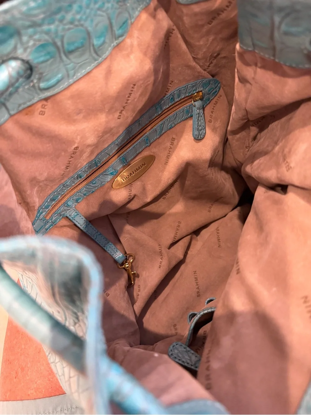 Brahmin Turquoise  very good condition sling backpack. Faux Alligator.